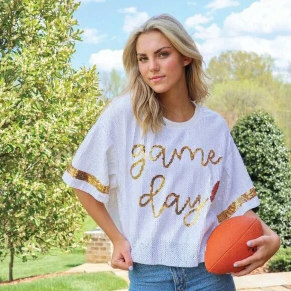Simply Southern White Sequin Game Day Crop Tee with Gold Trim